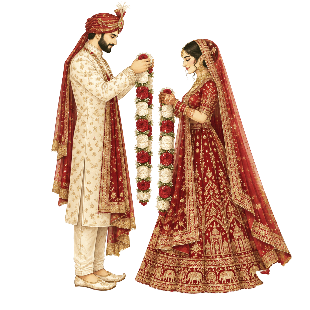 Illustrated couple exchanging varmala garlands